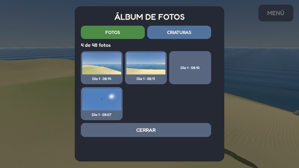The photo album with FOTOS and CRIATURAS tabs and four photos of the beach and the sky