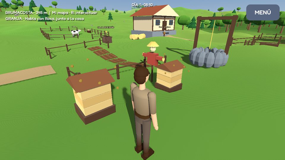 Two wooden beehives next to the farm field, with the scarecrow, the well and the house behind