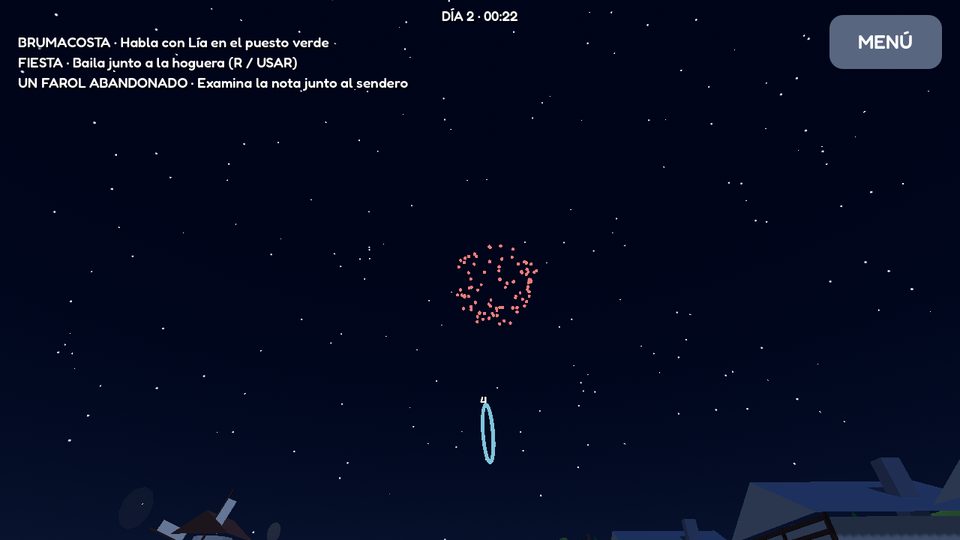 A rocket bursts red over Brumacosta on a starry night