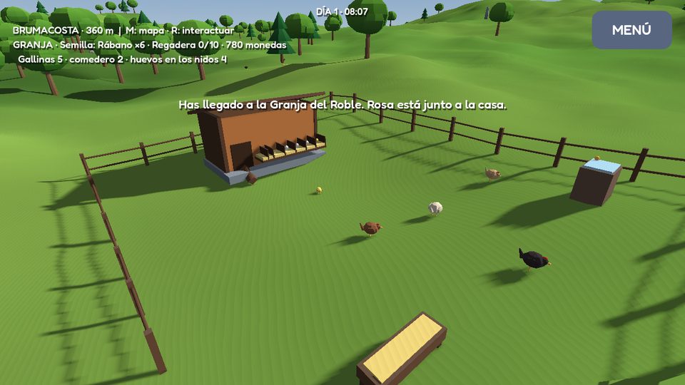 The farm yard with the coop, five hens, a chick, the feeder and the incubator