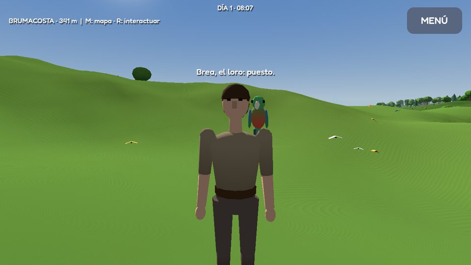 The player in a meadow with Brea, a green and red parrot, on their left shoulder