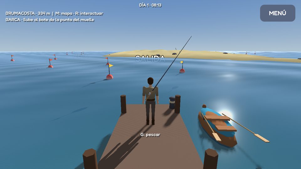 The player at the end of the Caleta pier with the rod, facing the lagoon, with the rowing boat moored alongside